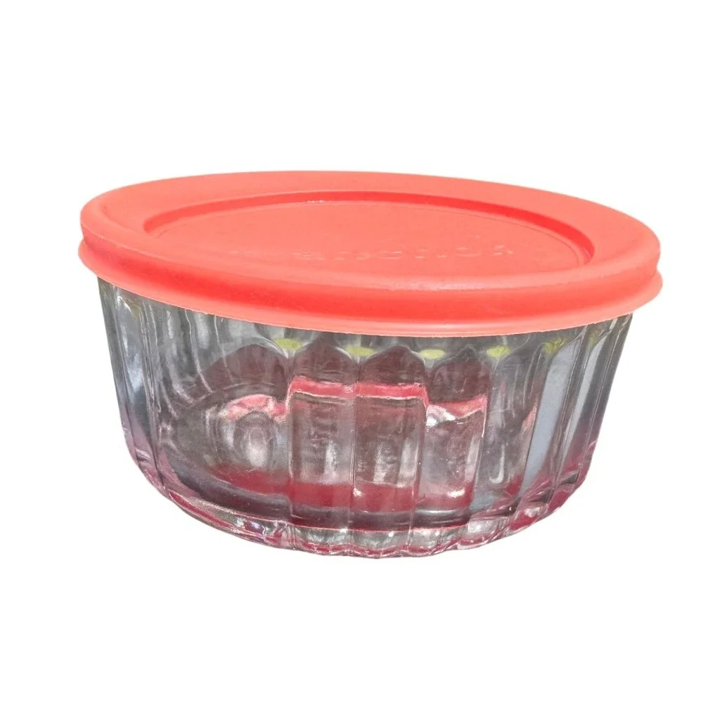 Anchor Hocking‎ Glass 2 Cup Ribbed Prep Food Storage Bowls Red Lid Set 4 Vintage